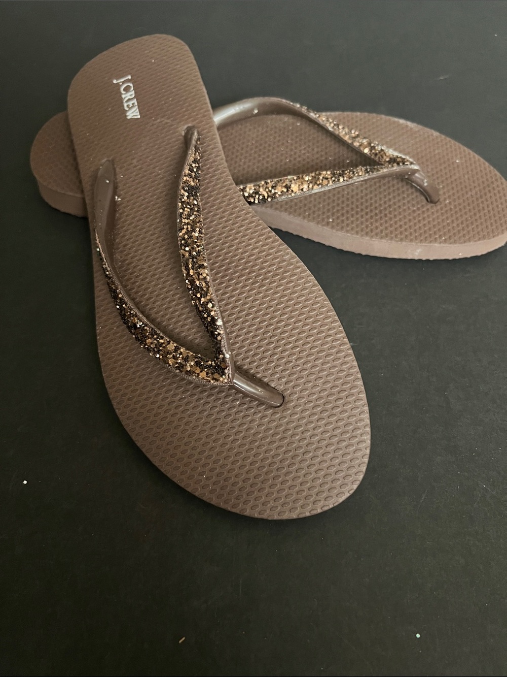 J. Crew Brown Flip Flop Sandals with Gold Glitter Straps